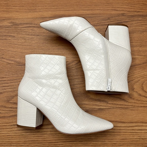 White Bootie - Block Heel Croc Embossed Design - Picture 1 of 5